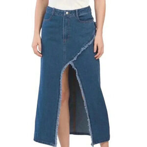 Distressed Denim Maxi Skirt (Color: Washed Denim)